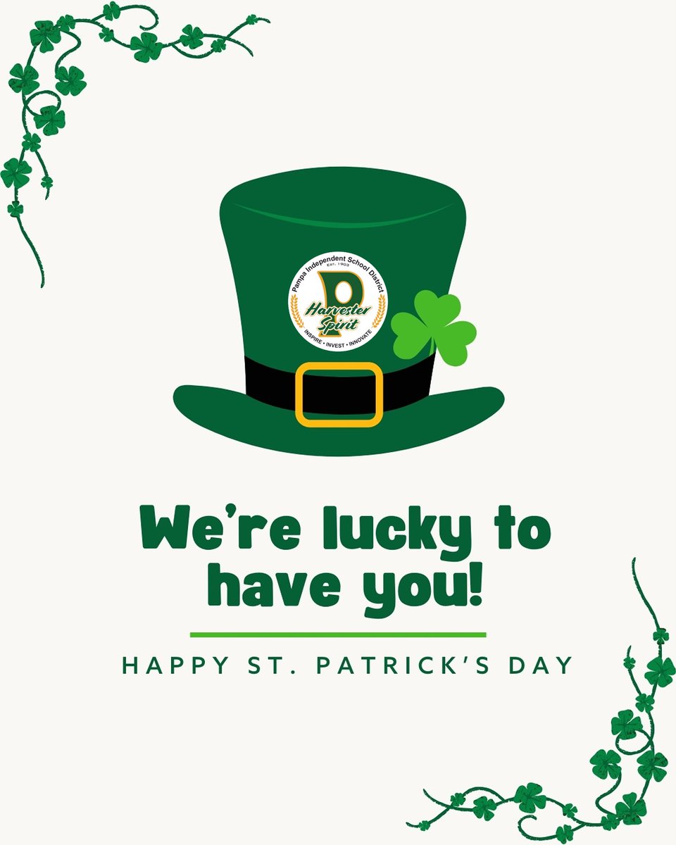 We’re feeling extra lucky today! 🍀 Grateful for the incredible students, staff, and families who make Pampa ISD such a special place. Wishing everyone a happy St. Patrick’s Day! 

#StPatricksDay #LuckyToBeAHarvester