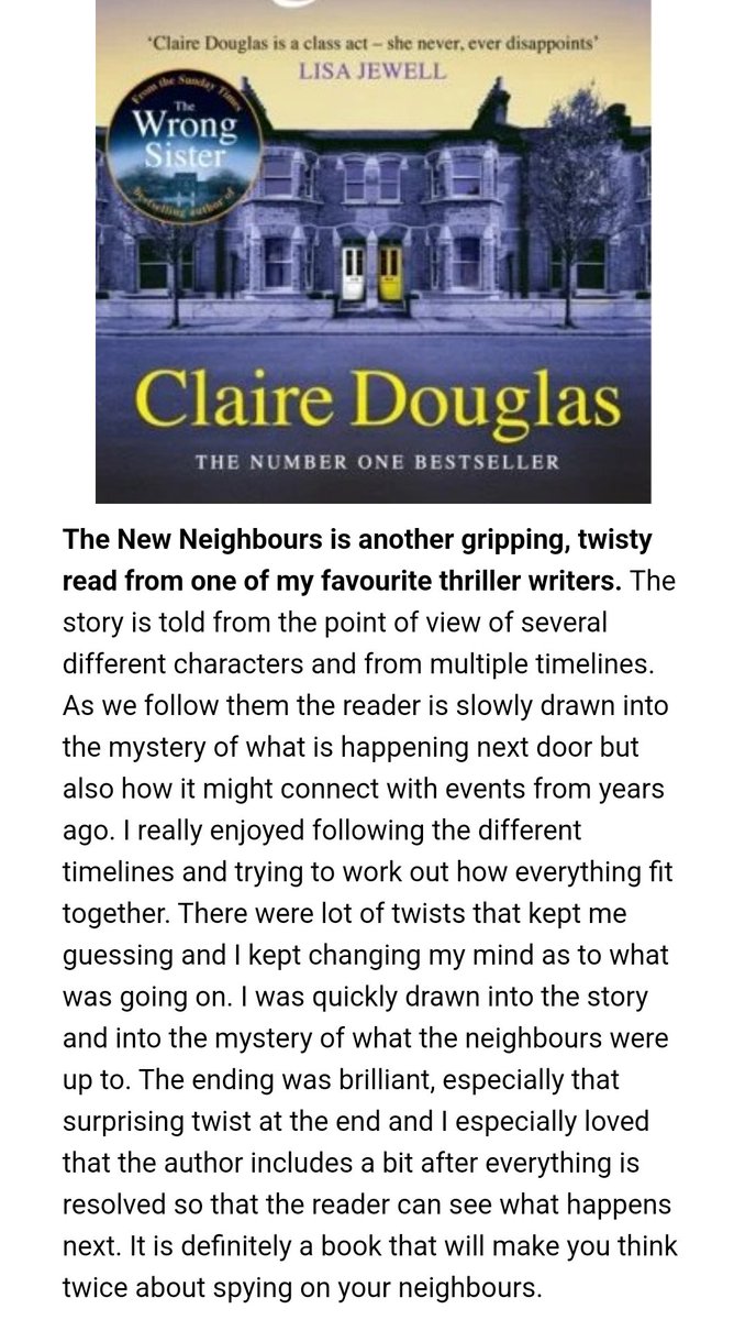 So excited to see my review of The New year by <a href="/Dougieclaire/">Claire Douglas</a> in this week's Rossiter Books Newsletter.  

Thanks for sending me the copy <a href="/MichaelJBooks/">Penguin Michael Joseph</a> it's really appreciated.  #TheNewNeighbours #ClaireDouglas