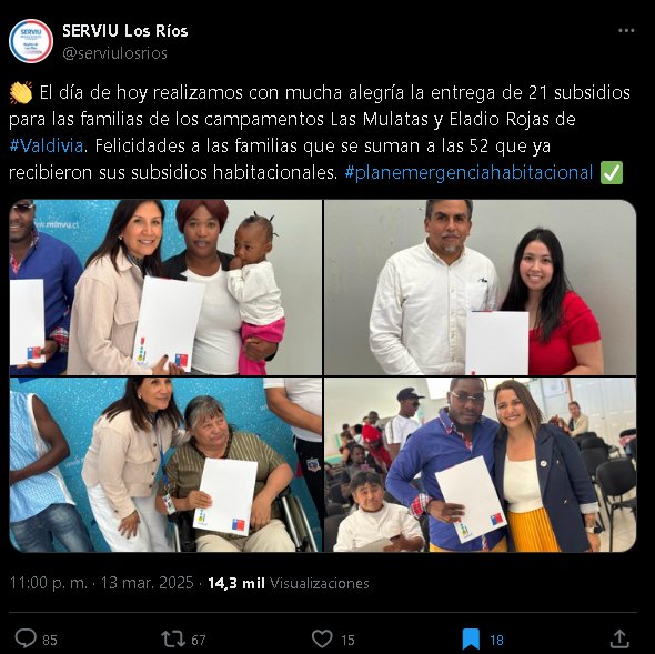 El_perry_'s tweet photo. SERVIU de los Ríos borró una publicación donde se demuestra que los inmigrantes están recibiendo beneficios por sobre chilenos que llevan años esperando soluciones habitacionales.

Inaceptable.

#ContigoCHV #TuDia13 #BuenosdiasTVN  #MuchoGustoMega https://t.co/uv3tArXDBB