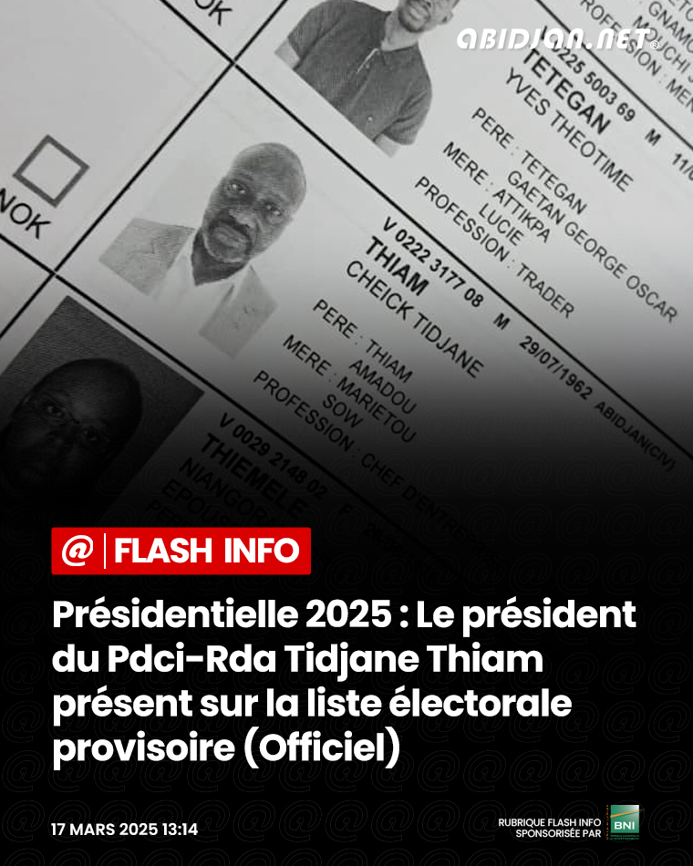 abidjan_net's tweet photo. #FlashInfo🚨
Présidentielle 2025 : Le président du Pdci-Rda Tidjane Thiam présent sur la liste électorale provisoire (Officiel) https://t.co/FWBp2JfN9v