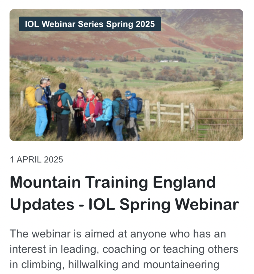 FREE IOL Members webinar - get the updates from 
Guy Jarvis of Mountain Training. 
1st April 5.30pm. Approx 1 hour.
Non members welcome too (£30)
Book here: outdoor-learning.org/news-events/em…
#mountaintraining #freewebinar @mtntraining #outdoorlearning
