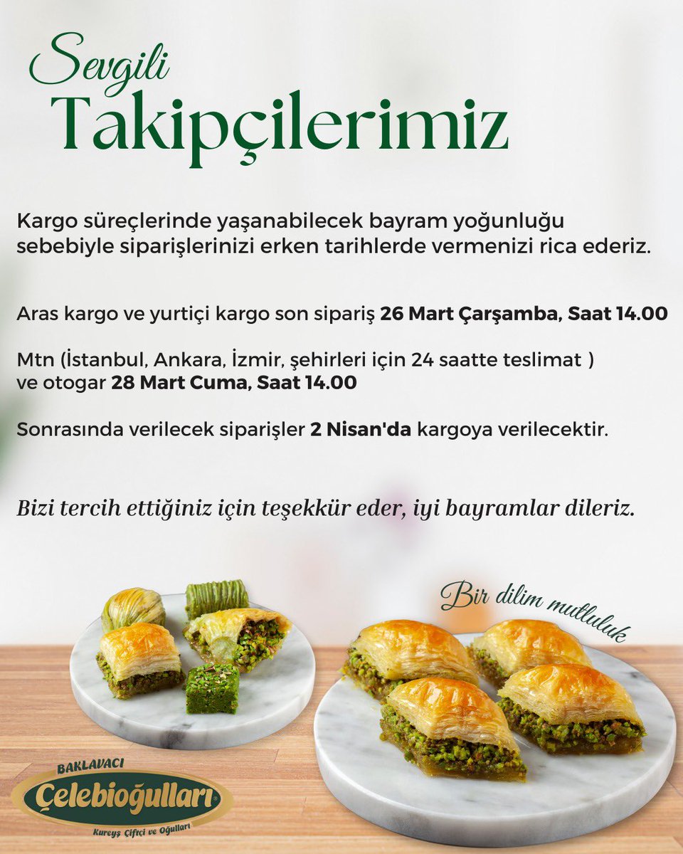 Bayram öncesi kargo bilgilendirmesi.📦

Sipariş için ➡️ celebiogullari.com.tr

#Gaziantep #Türkiye #Baklava #Antep #Gastronomi #Tatlı #Fıstık ☎️ 444 83 27