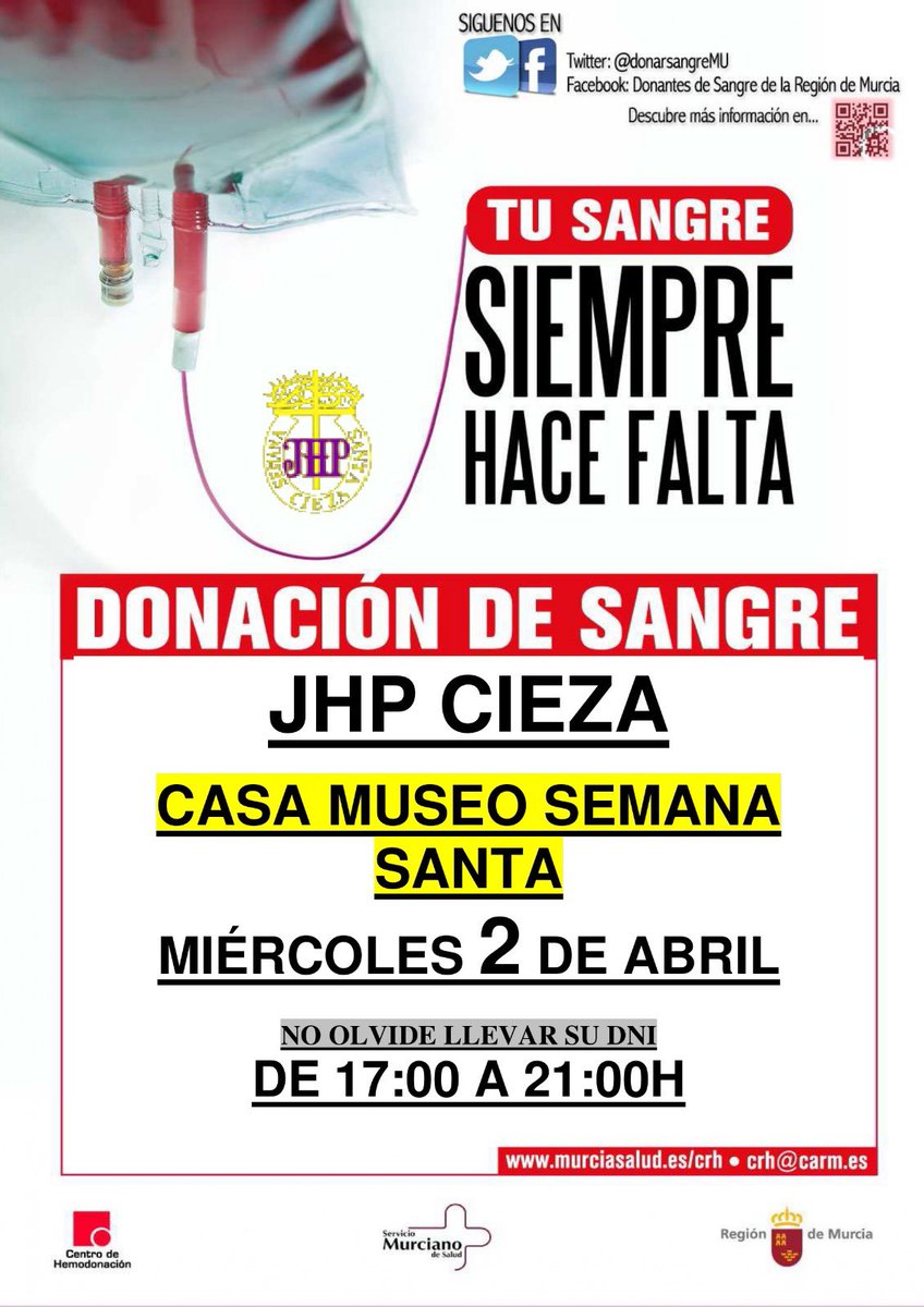 Jornada de hemodonación ~ Centro de Hemodonación de la Región de Murcia

Cartel de la jornada de hemodonación que organiza la Vocalía de Caridad de la Junta de Hermandades Pasionarias de Cieza. 

#ACiezaporsuSemanaSanta #SemanaSantaCieza
#SemanaSanta2025 #SemanaSanta #HolyWeek