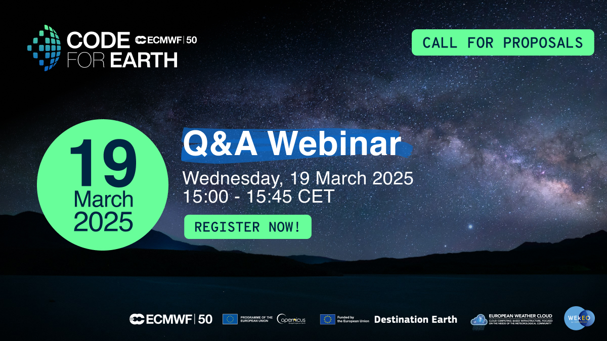 ECMWF Code for Earth (@ecmwfcode4earth) on Twitter photo If you have missed the first Q&A #webinar, you ๐ฑ๐ฒ๐ณ๐ถ๐ป๐ถ๐๐ฒ๐น๐ don't wanna miss the second!
๐๏ธ 19 March 2025 | โฐ 15:00 - 15:45 CET
You can ask all of your questions about the #proposal submission process, the #codingphase, and more!
Register now! ๐ shorturl.at/npuB1 If you have missed the first Q&A #webinar, you ๐ฑ๐ฒ๐ณ๐ถ๐ป๐ถ๐๐ฒ๐น๐ don't wanna miss the second!
๐๏ธ 19 March 2025 | โฐ 15:00 - 15:45 CET
You can ask all of your questions about the #proposal submission process, the #codingphase, and more!
Register now! ๐ shorturl.at/npuB1