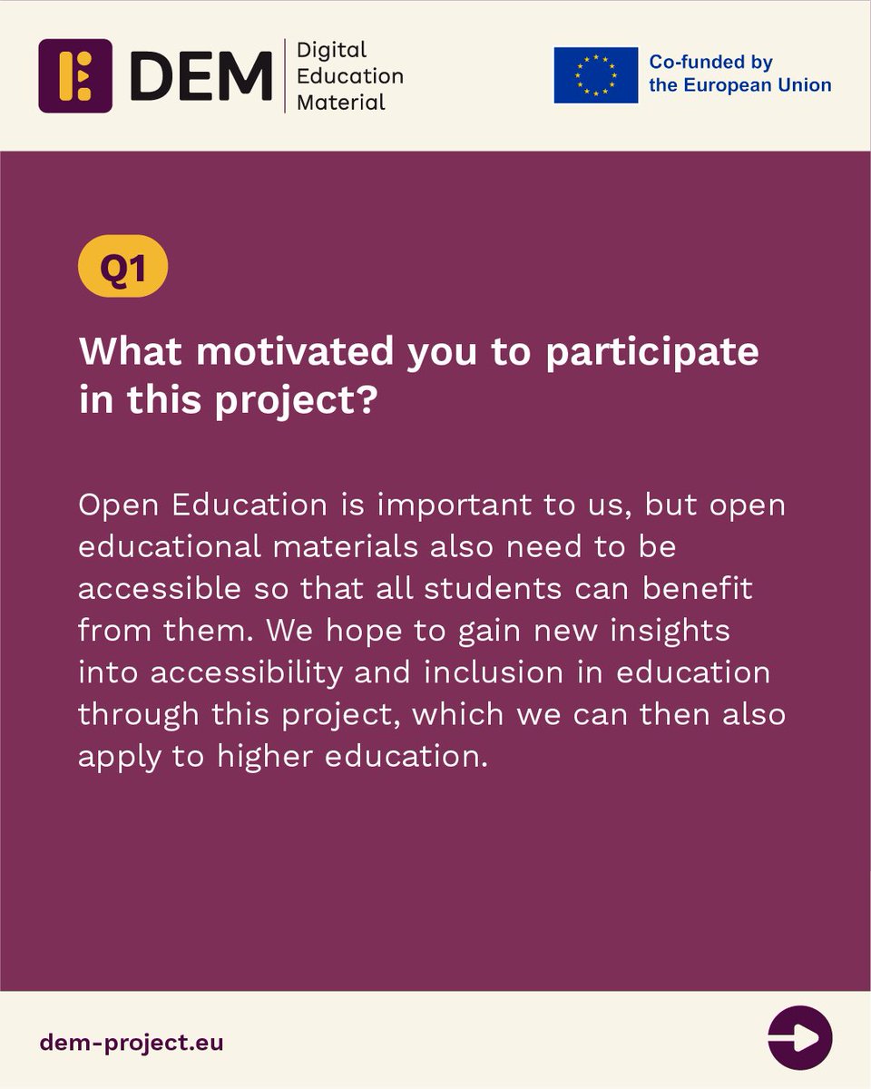 dem_erasmus's tweet photo. Meet the Partners of the DEM Project!🎓
Our partners are sharing their expectations for the DEM Project in a special testimonial series! 📢 Each partner answers three key questions.
#DEMProject #design4all #DigitalEducation #ErasmusPlus #Innovation #EducationForAll #Anefore https://t.co/zvaPM0BFMP