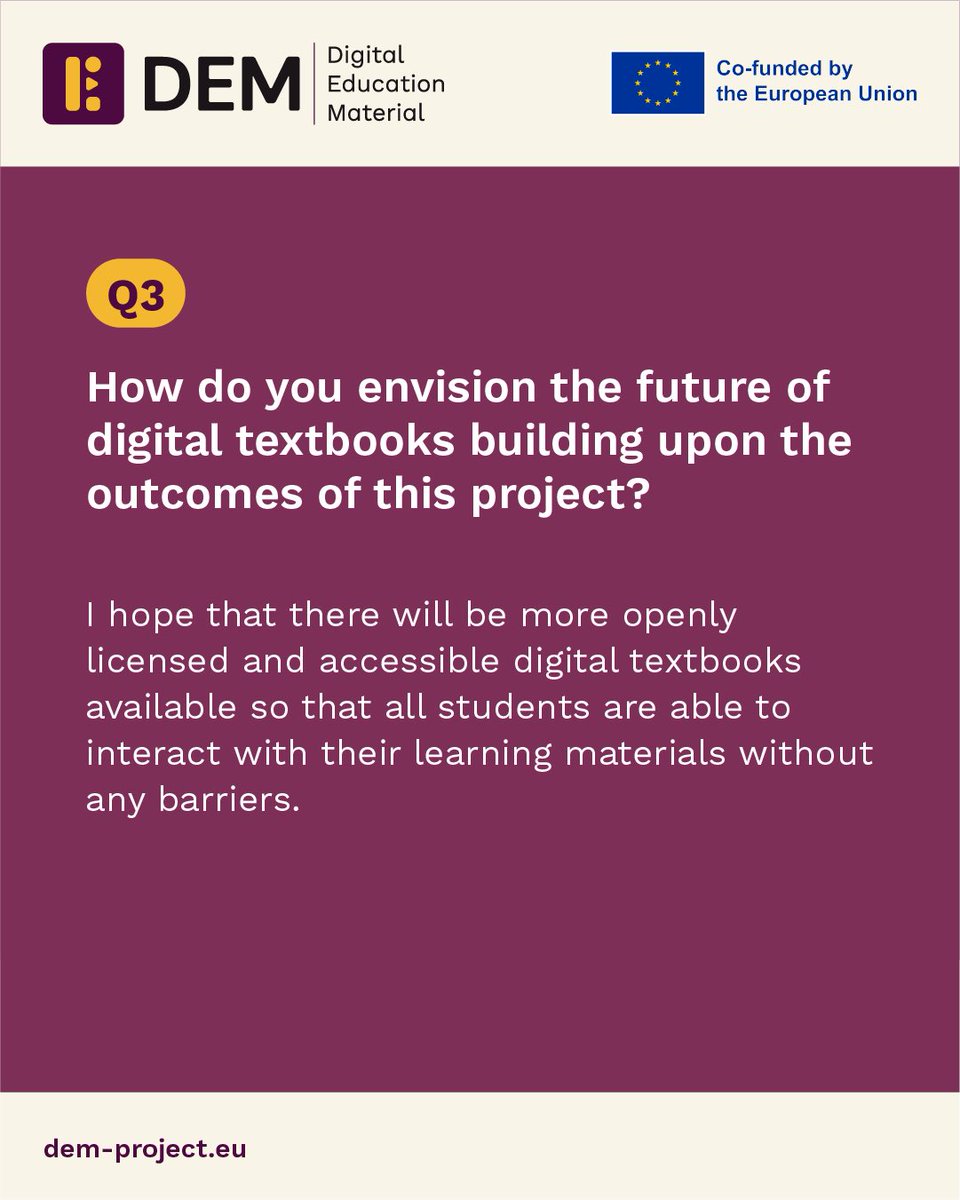 dem_erasmus's tweet photo. Meet the Partners of the DEM Project!🎓
Our partners are sharing their expectations for the DEM Project in a special testimonial series! 📢 Each partner answers three key questions.
#DEMProject #design4all #DigitalEducation #ErasmusPlus #Innovation #EducationForAll #Anefore https://t.co/zvaPM0BFMP