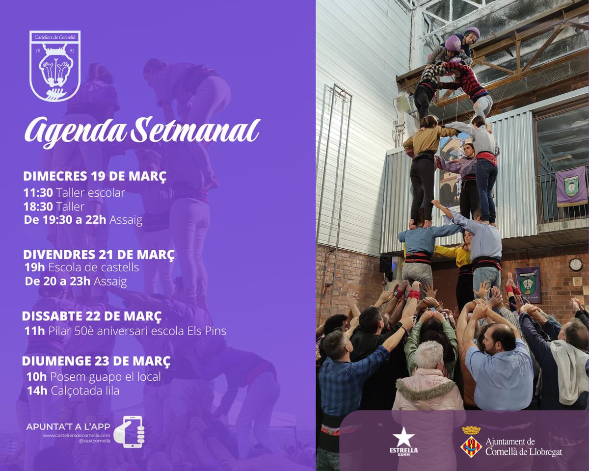CastCornella's tweet photo. Aquesta setmana seguim amb assajos, escola de castells i sumem tallers, un pilar i un diumenge ben carregat de coses! Recordeu d’apuntar-vos a l’app! https://t.co/rHYs0hWsSk
