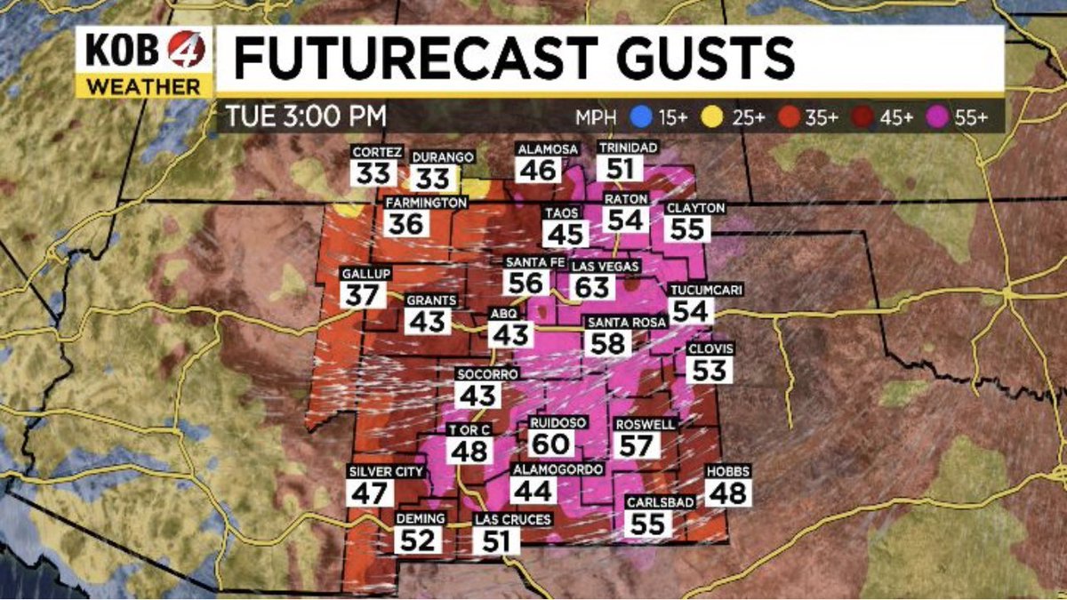 WxKira's tweet photo. It’ll be breezy across the metro this afternoon, but the high winds return by Tuesday with high fire danger and blowing dust, especially across eastern #NewMexico. Now is the time to secure any loose items in your yard. 

@KOB4 
#nmwx
#Albuquerque
#SantaFe
#March
#springwinds https://t.co/Z49yrQ6DRS
