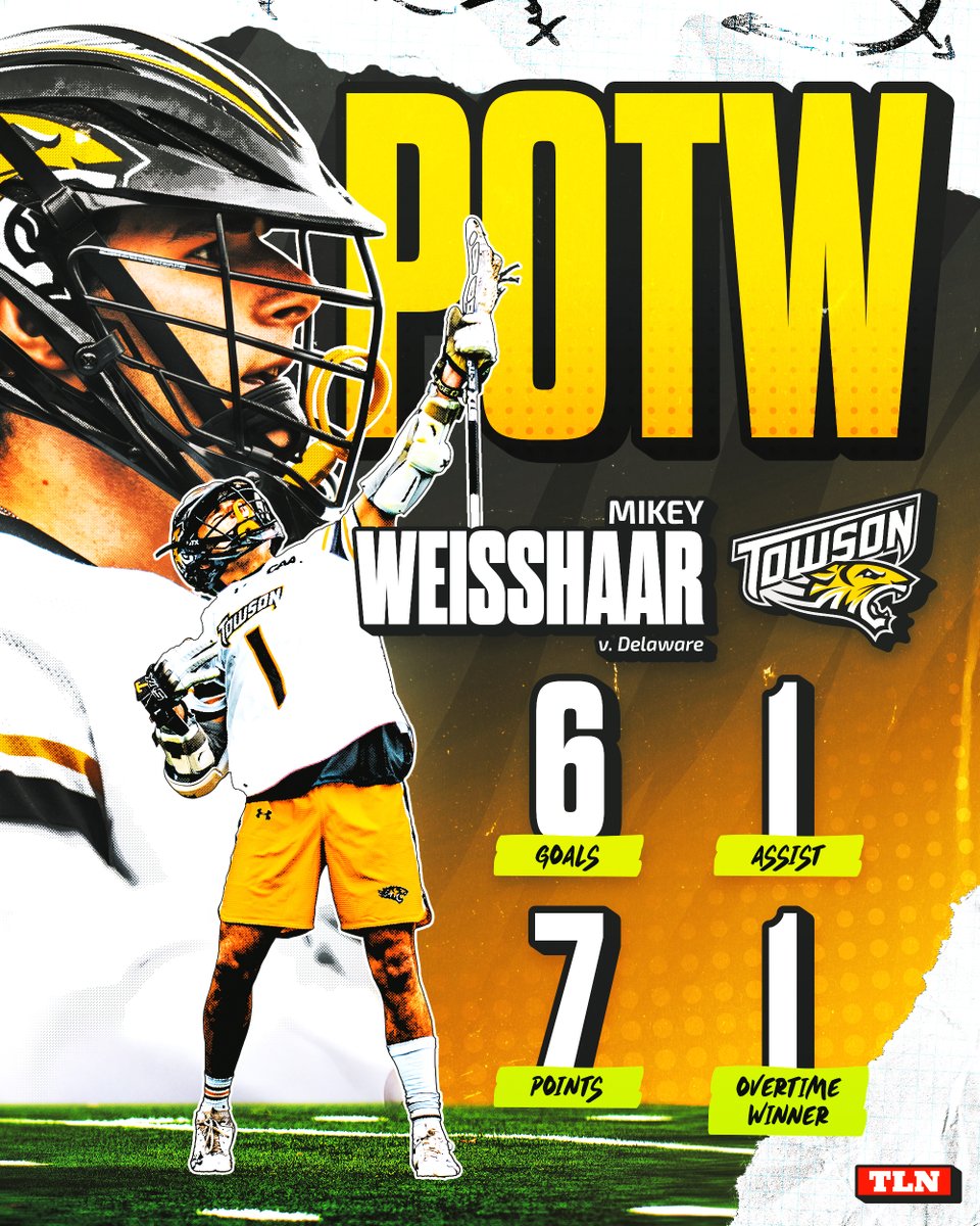 𝐏𝐋𝐀𝐘𝐄𝐑 𝐎𝐅 𝐓𝐇𝐄 𝐖𝐄𝐄𝐊: Mikey Weisshaar, <a href="/Towson_MLAX/">TU Men's Lacrosse</a> 😼

Weisshaar recorded a season-high SIX GOALS (and one assist) in Towson's 19-18 shootout vs. Delaware, including the game-winner in overtime!

(📸 Jonah Tannas)
