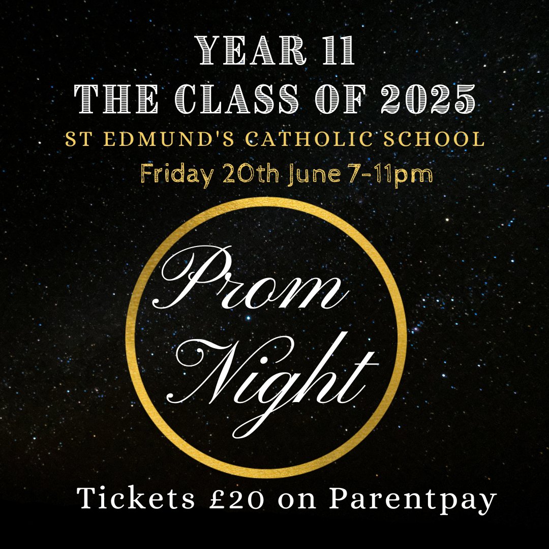 StEdmundsSCH's tweet image. 🎉 Year 11 Prom – Tickets Now on Sale! 🎟️✨

The Year 11 Prom is happening on Friday, 20th June 2025, and tickets are now available via ParentPay! 💃🕺
Don't miss out on an unforgettable night – Are you Prom ready?! 🎶🎊 #Year11Prom #PromReady #SaveTheDate