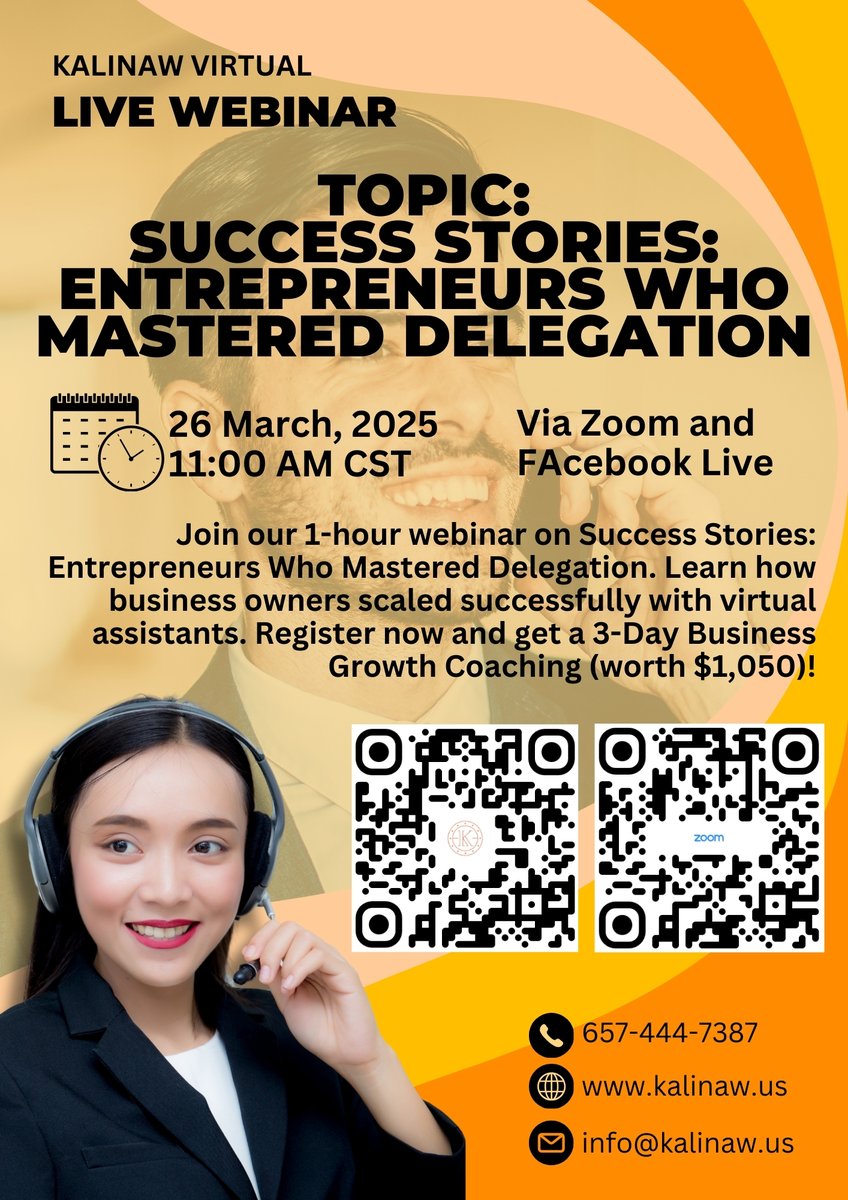 KalinawLLC's tweet image. LIVE WEBINAR ALERT! 

TOPIC: Success Stories: Entrepreneurs Who Mastered Delegation
Date: March 26, 2025
Time: 11:00 AM CST
Via Zoom &amp;amp; Facebook Live

Zoom Meeting Details:
Zoom Link: us06web.zoom.us/j/89404003813?…
Meeting ID: 894 0400 3813
Passcode: 170839

#KalinawVirtual #FYI #FYP