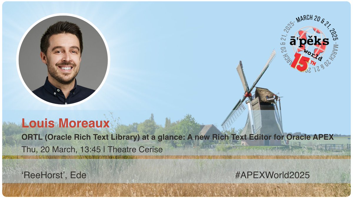 moreaux_louis's tweet image. I will be speaking at APEX World 2025 in Ede, Netherlands this week for the 15th anniversary edition of the conference ✨
See you there 🤓
You can register here 👇
nloug.nl/events/apex-wo…
#orclapex #AW25 #apexworld2025 #nlOUG