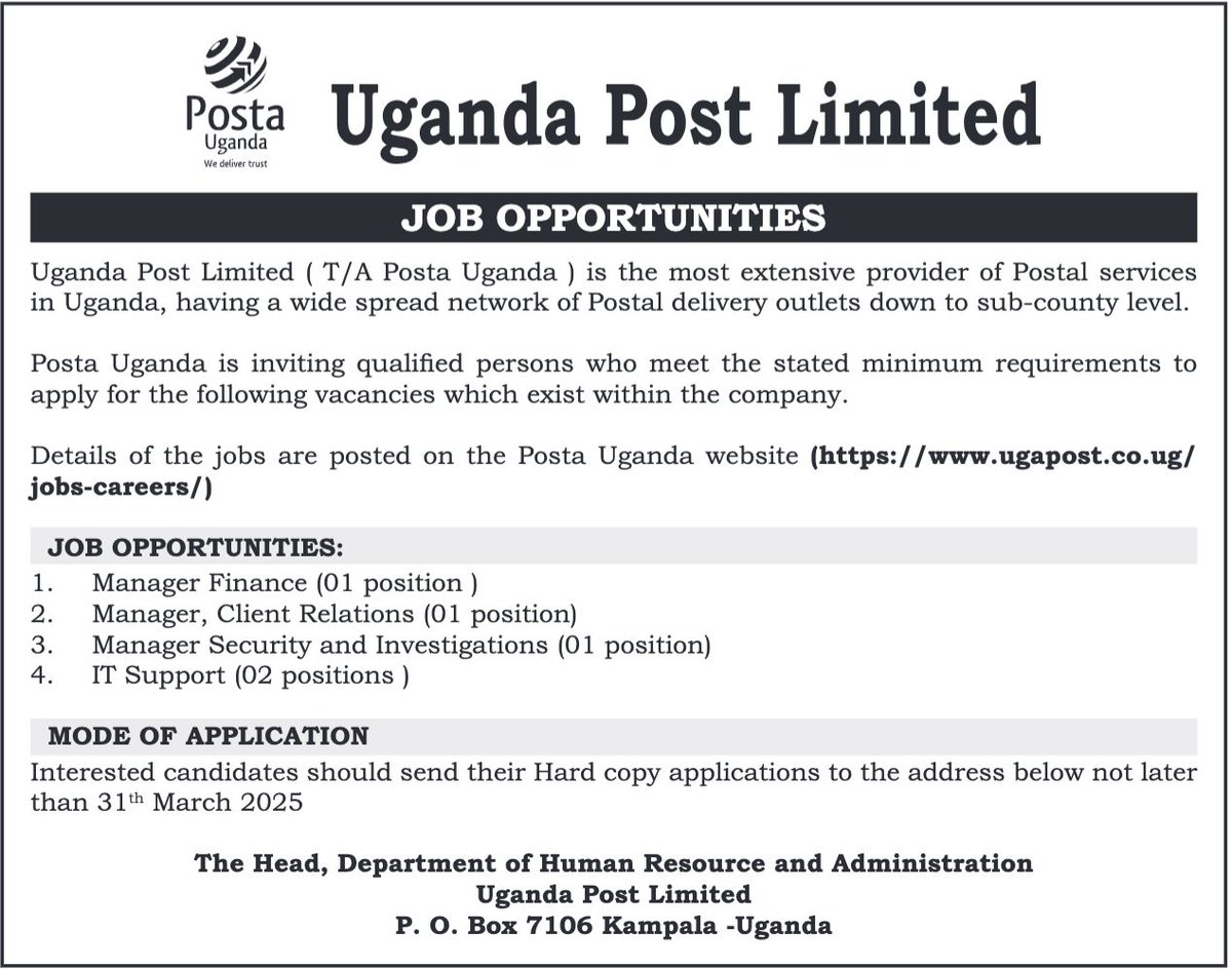 VAs_ug's tweet photo. Opportunities for you. 
#jobs
#opportunities https://t.co/NCuBK0BXAk