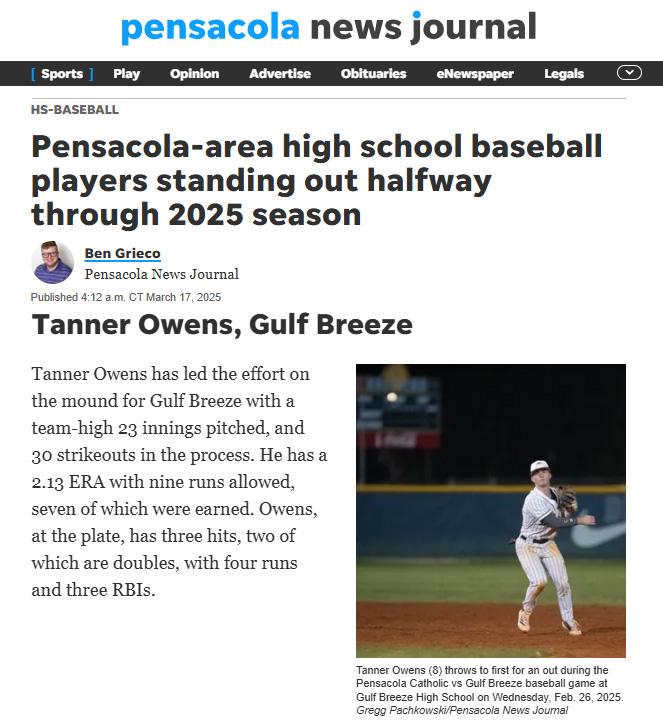 Tanner Owens (@tanner_owens6) on Twitter photo Thank you <a href="/BenGriecoSports/">Ben T. Grieco</a> for the article. Great to be on the list with my teammates <a href="/jr3hooten1/">Jake Hooten</a>, <a href="/MoseleyPresley/">Presley Moseley</a>, and <a href="/CameronHoeft34/">Cameron Hoeft</a>. #phinsup
pnj.com/story/sports/h…
<a href="/baseball_GBHS/">Gulf Breeze High School Boosters Baseball</a> @teamelitenation <a href="/PG_Scouting/">Perfect Game Scout</a> <a href="/Florida_PG/">Perfect Game Florida</a> <a href="/PGShowcases/">PG Showcases</a> <a href="/CoastRecruits/">Coast 2 Coast Recruits</a> <a href="/prospectdugout/">Prospect Dugout</a> Thank you <a href="/BenGriecoSports/">Ben T. Grieco</a> for the article. Great to be on the list with my teammates <a href="/jr3hooten1/">Jake Hooten</a>, <a href="/MoseleyPresley/">Presley Moseley</a>, and <a href="/CameronHoeft34/">Cameron Hoeft</a>. #phinsup
pnj.com/story/sports/h…
<a href="/baseball_GBHS/">Gulf Breeze High School Boosters Baseball</a> @teamelitenation <a href="/PG_Scouting/">Perfect Game Scout</a> <a href="/Florida_PG/">Perfect Game Florida</a> <a href="/PGShowcases/">PG Showcases</a> <a href="/CoastRecruits/">Coast 2 Coast Recruits</a> <a href="/prospectdugout/">Prospect Dugout</a>