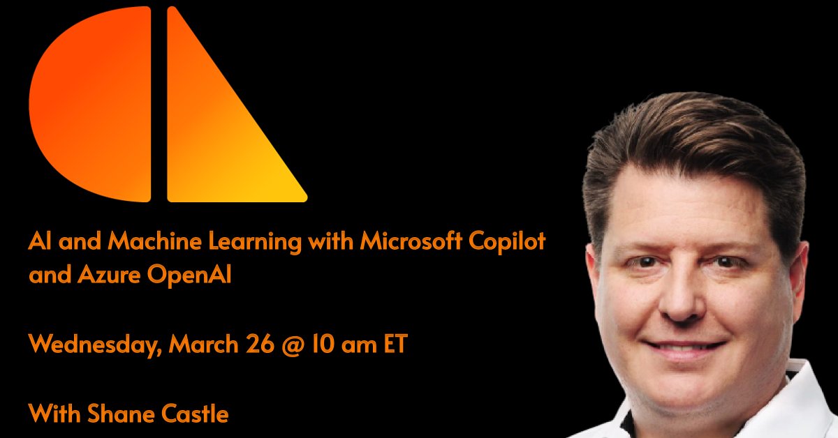 Centrilogic's tweet image. On Wednesday, March 26th, Shane Castle will be presenting: AI and Machine Learning with Microsoft Copilot &amp;amp; Azure OpenAI. 

He&apos;ll cover: 
- M365 Copilot 
- Copilot Studio
- Azure OpenAI
- MLOps

Register here: events.teams.microsoft.com/event/94747a41…