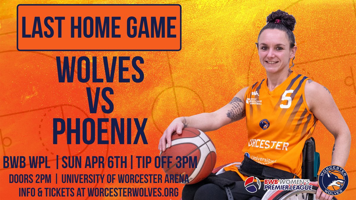 Worcester Wolves (@uw_wolves) on Twitter photo 🏀LAST HOME GAME OF 2024/25🏀
👩🦽 WOLVES VS PHOENIX
🏆 <a href="/BritWheelBBall/">British Wheelchair Basketball</a> Women's Premier League
📅 Sun April 6th
⏲️ Doors 2pm | Tip 3pm
📍 <a href="/universityarena/">University Arena</a>
🎟️ bit.ly/4h0vAbP
#WolfPack #BWBWPL #HomeGame #WorcestershireHour 🏀LAST HOME GAME OF 2024/25🏀
👩🦽 WOLVES VS PHOENIX
🏆 <a href="/BritWheelBBall/">British Wheelchair Basketball</a> Women's Premier League
📅 Sun April 6th
⏲️ Doors 2pm | Tip 3pm
📍 <a href="/universityarena/">University Arena</a>
🎟️ bit.ly/4h0vAbP
#WolfPack #BWBWPL #HomeGame #WorcestershireHour