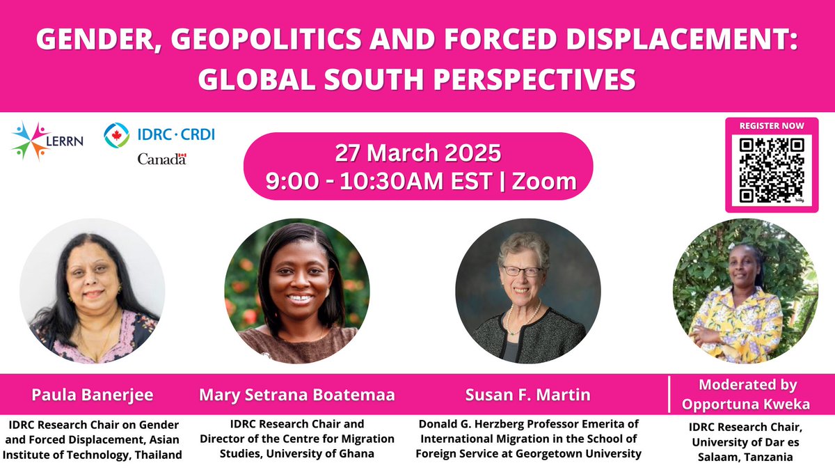 In 2024, UNHCR reported a 50% rise in gender-based violence against displaced women and girls

Join the final IDRC webinar as experts from the Global South examine gender, geopolitics, and shifting refugee policies

27 March 2025 | 9:00-10:30 AM 
Register: carleton.ca/lerrn/cu-event…