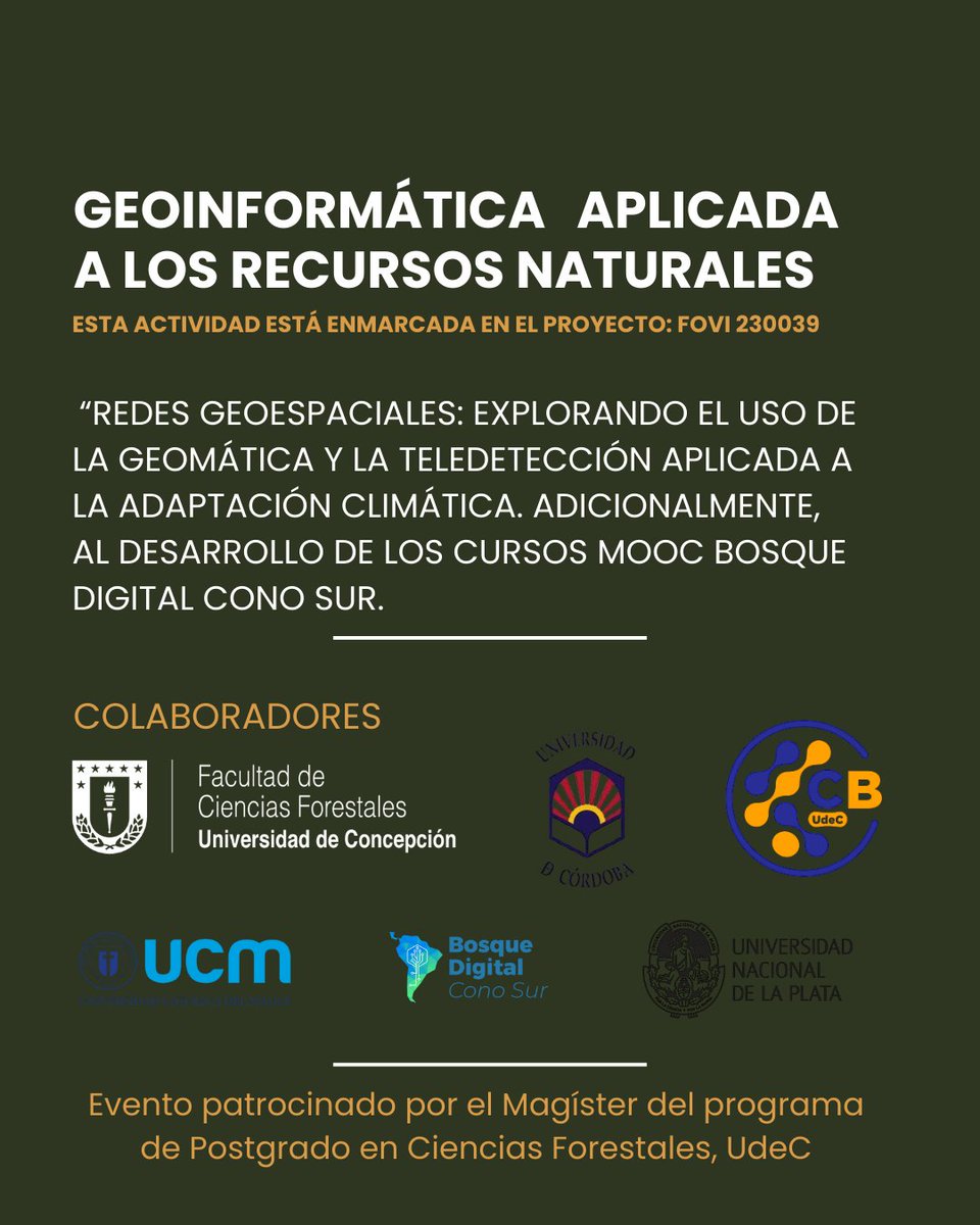 Seminario: GEOINFORMÁTICA APLICADA A LOS RECURSOS NATURALES
Expone: Dr. Rafael Navarro Cerrillo
Dpto. Ing. Forestal, Lab. de Dendrocronología, Silvicultura y Cambio Global Univ. de Córdoba, España
Coordina: Santiago Yépez
 27/03/2025 de 15.00h a 17.00h, Sala de videoconferencia.