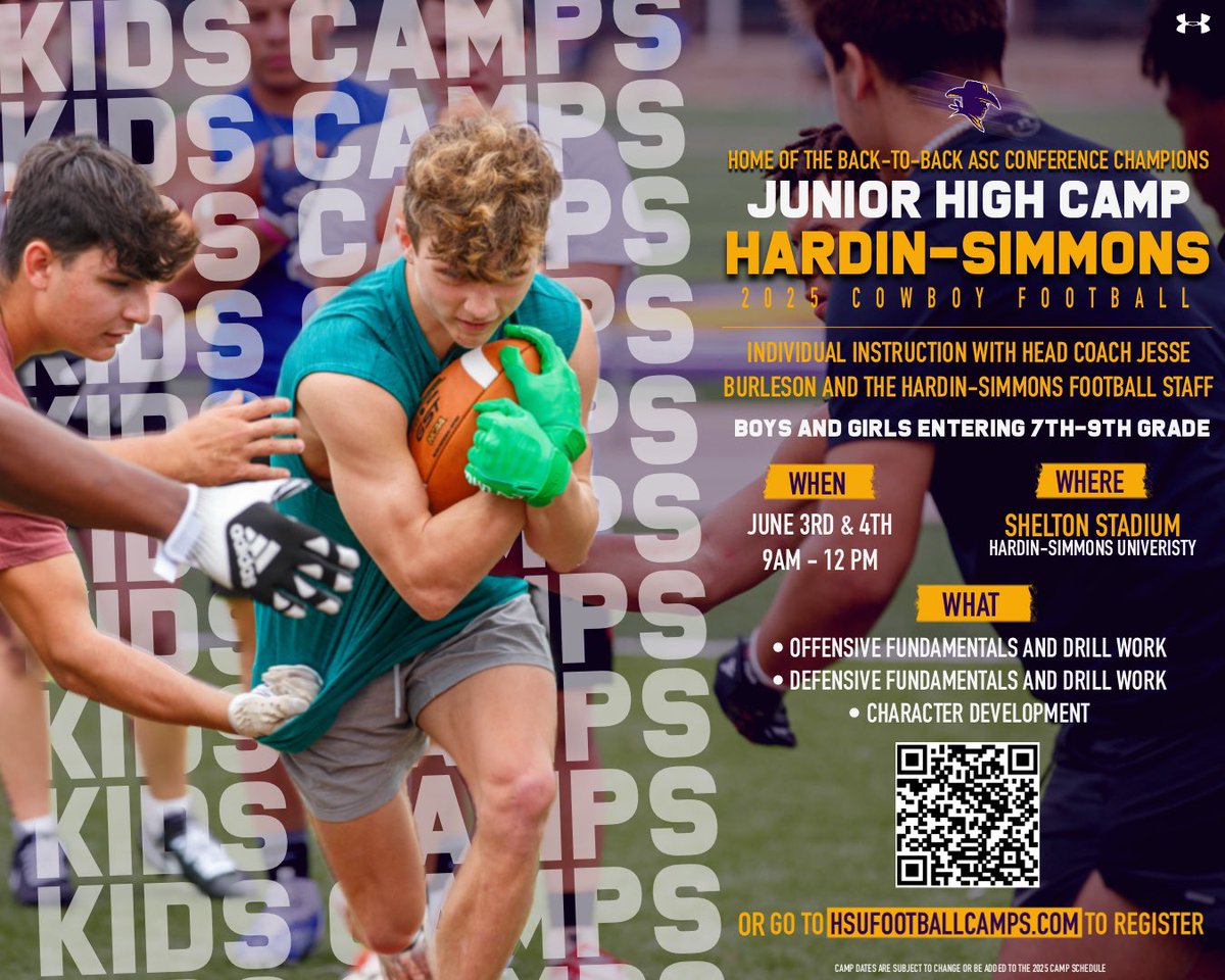 𝗞𝗜𝗗𝗦 𝗖𝗔𝗠𝗣𝗦 🤠 

We’ve added two camps to our schedule this summer. Register for our Youth &amp; Junior High Camps now! Be sure to check our full 2025 camp lineup as well. 

Register using QR codes below or click here: hsufootballcamps.com 

#HOOYAH