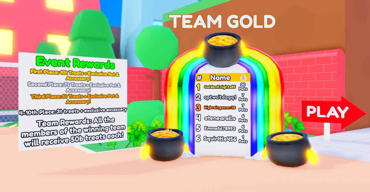 HAPPY ST PATRICK'S DAY! 🍀🪙
Are you ready for the SURPRISE EVENT!? 🐶 

Join TEAM CLOVER or TEAM GOLD to compete for awesome SURPRISE rewards in roblox Pet Story!

Ends March 22! 🍀