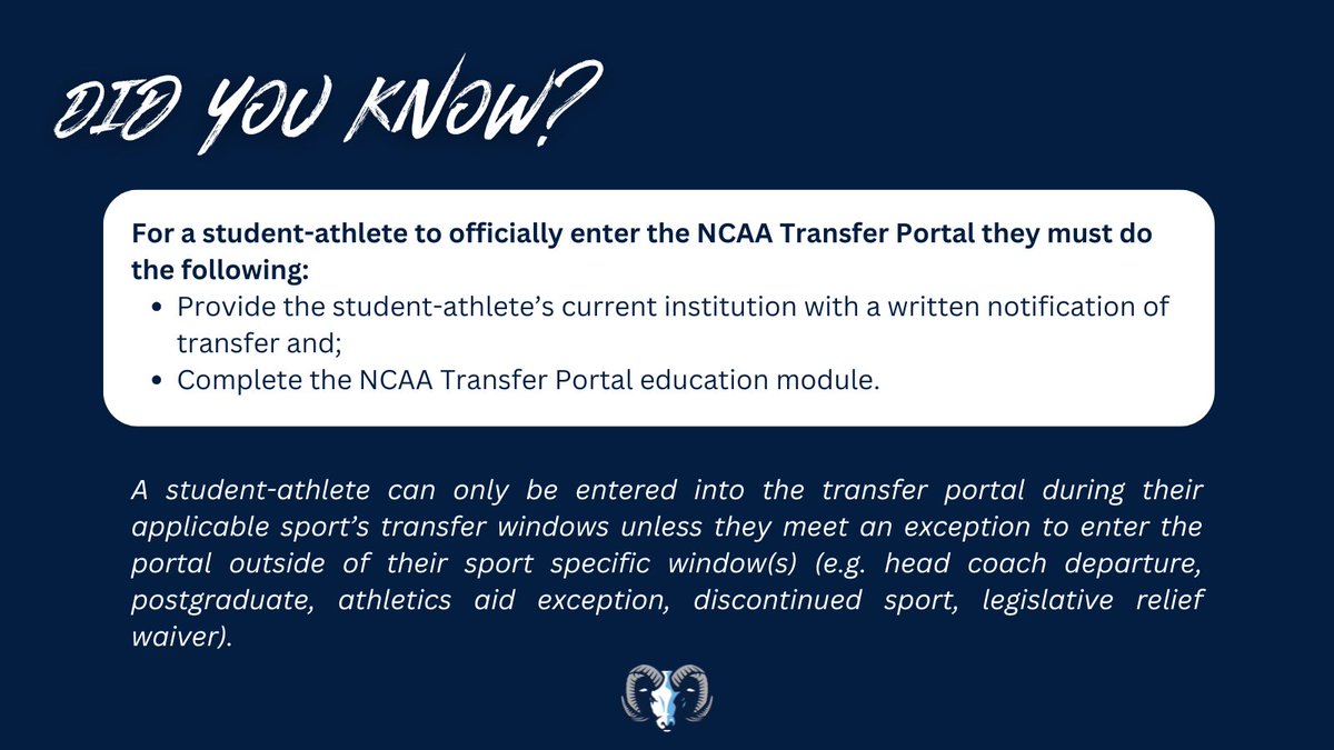 Transfer Education 101📝

NCAA Student-athletes must take specific steps to be officially entered into the NCAA Transfer Portal by an institution’s compliance office 👇