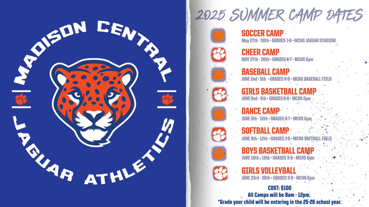 Registration for our 2025 Summer Camps is now open! Download your form at mcbigblue.com/summer-camp and mail it in to sign your child up for a fun summer with Jaguar Athletics!