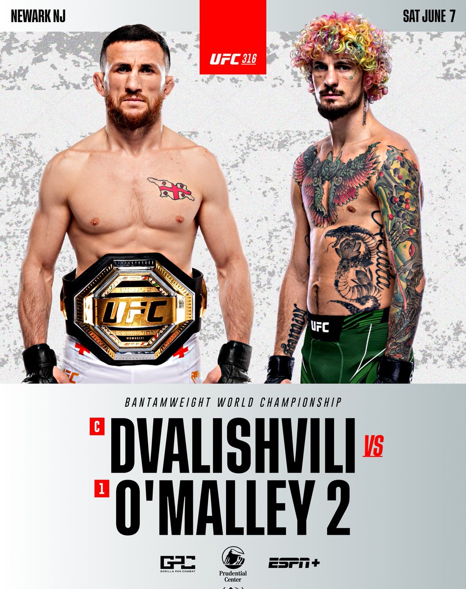 THE MACHINE 🦾 &amp; SUGA 🍭 WILL 𝘙𝘜𝘕 𝘐𝘛 𝘉𝘈𝘊𝘒 FOR THE BANTAMWEIGHT STRAP JUNE 7 AT UFC 316 IN NEWARK NJ 🏆

<a href="/MerabDvalishvil/">Merab “The Machine” Dvalishvili</a> 🇬🇪 <a href="/SugaSeanMMA/">Sean O'Malley</a> 🇺🇸

.
.
.
.

#UFC316 #MerabDvalishvili #SeanOmalley #AndStill #AndNew #Georgia #USA #UFC #GorillaPenCombat