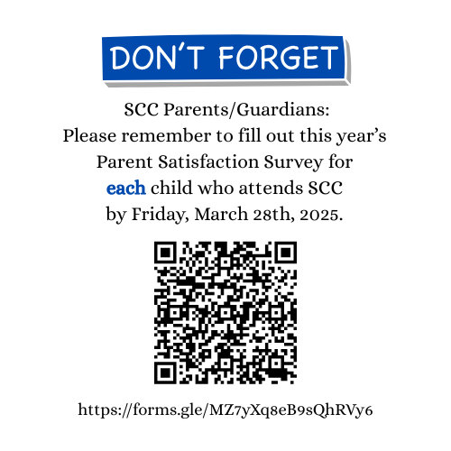 Parents or Guardians of SCC students: Please don't forget to complete this year's Parent Satisfaction Survey for EACH student by March 28, 2025. forms.gle/MZ7yXq8eB9sQhR…