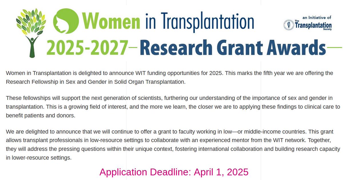 🌟Calling all sex and gender researchers!🌟

📢 We're accepting grant applications for those studying the future of sex &amp; gender in transplantation! 

Don’t miss your chance to apply for a 2025/27 WIT Research Grant. Deadline April 1! 

Apply now 👉 tinyurl.com/ycywmj9p