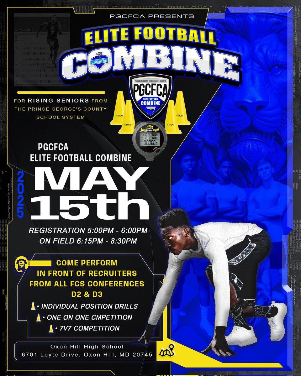 🗣️ATTENTION COLLEGE COACHES! Mark your calendars 🗓️ ! On May 15th, the P.G.F.C.A. Junior 🏈 Showcase is happening! Don't miss this opportunity to scout and recruit top PG junior talent. Contact any PG County Coach for details.