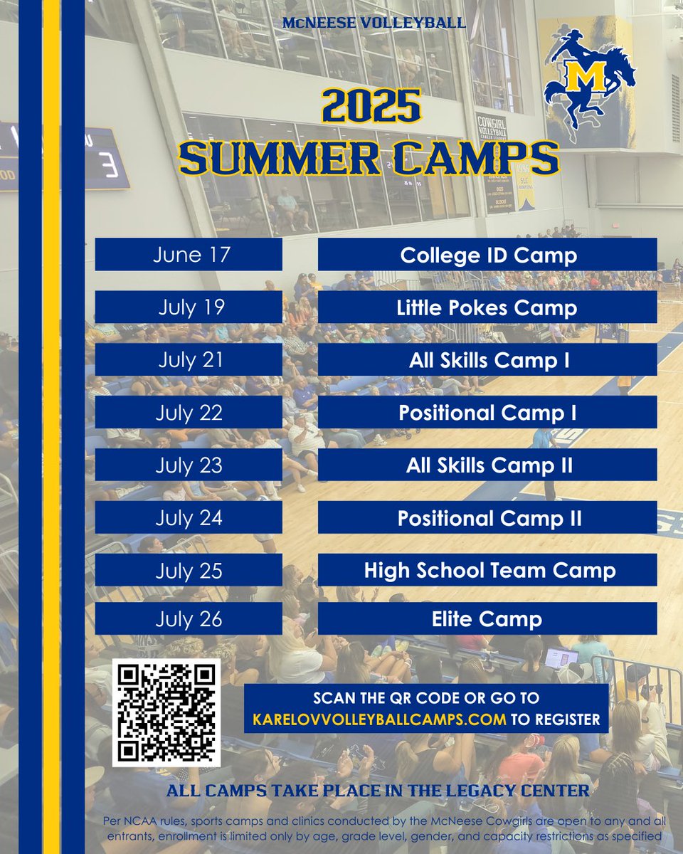 McNeeseVball's tweet image. 2025 Summer Camp registration is live!! 

Scan the QR code or click the link in our bio to register. Looking forward to seeing you this summer in Lake Charles☀️😎

#GeauxPokes