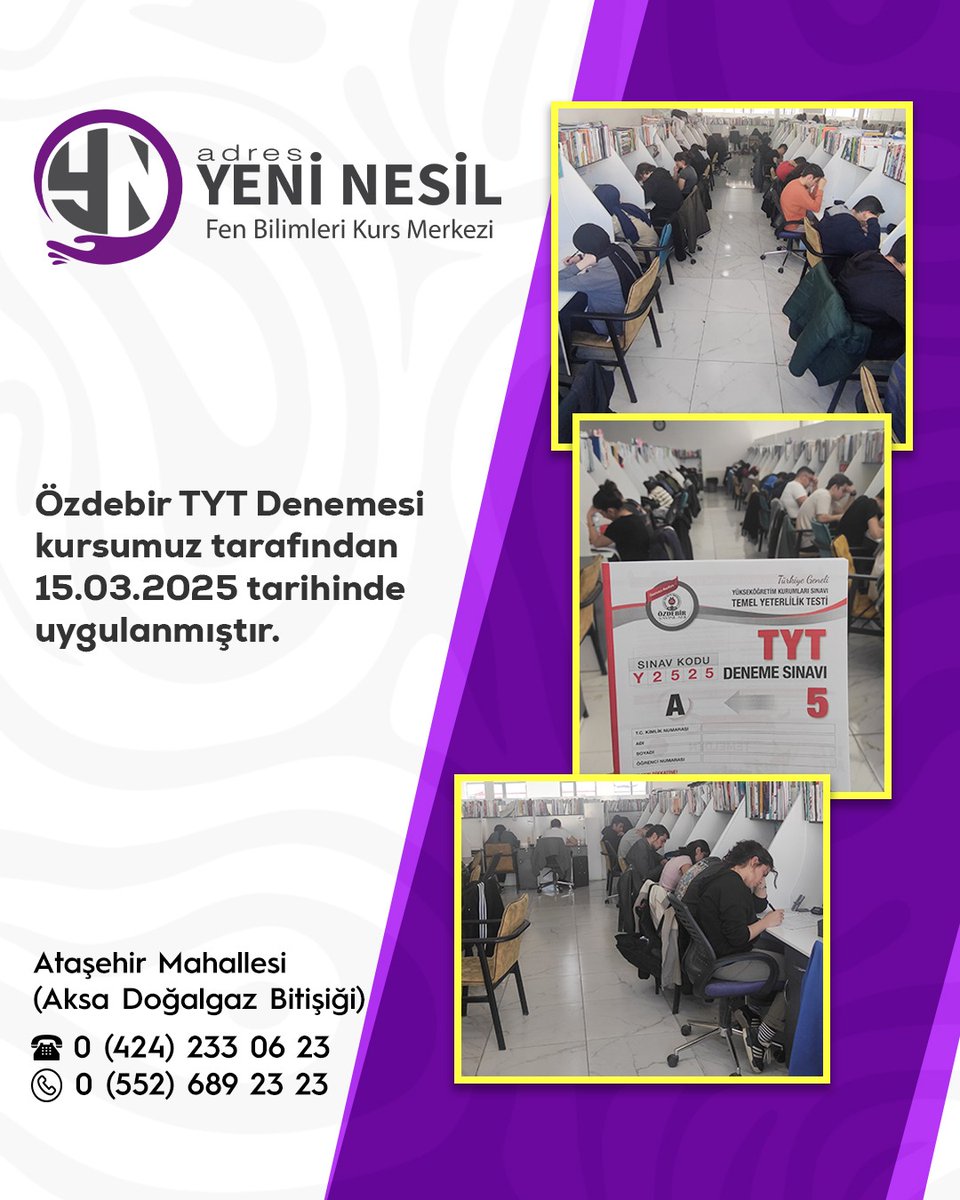 Özdebir TYT Denemesi kursumuz tarafından  15.03.2025 tarihinde uygulanmıştır. 

#AdresYeniNesil #Deneme #DenemeSınavı #Sınav #ÖzdebirYayınları #TYTDeneme #TytSınavı #TYT  #Elazığ #Elazig