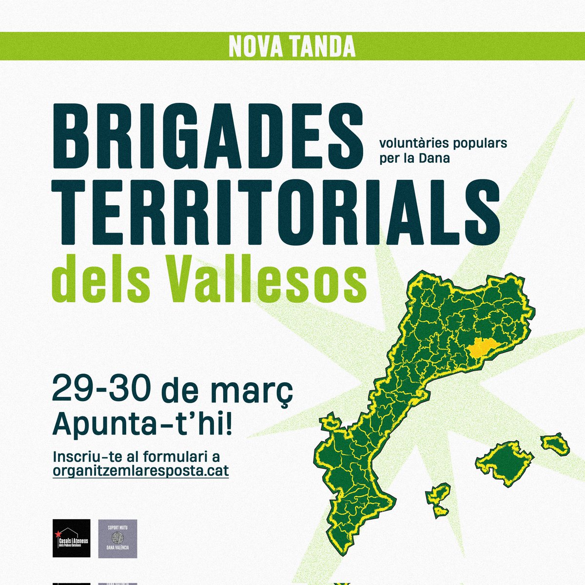 📢 NOVA TANDA DE BRIGADES TERRITORIALS‼️

La feina de reconstrucció i #suportmutu a les zones afectades per la Dana segueix✊🏽! Tenim tres noves dates de brigades dels Vallesos, Catalunya Central i Penedès, i de Barcelona. Ben aviat tindrem més dates per altres territoris.