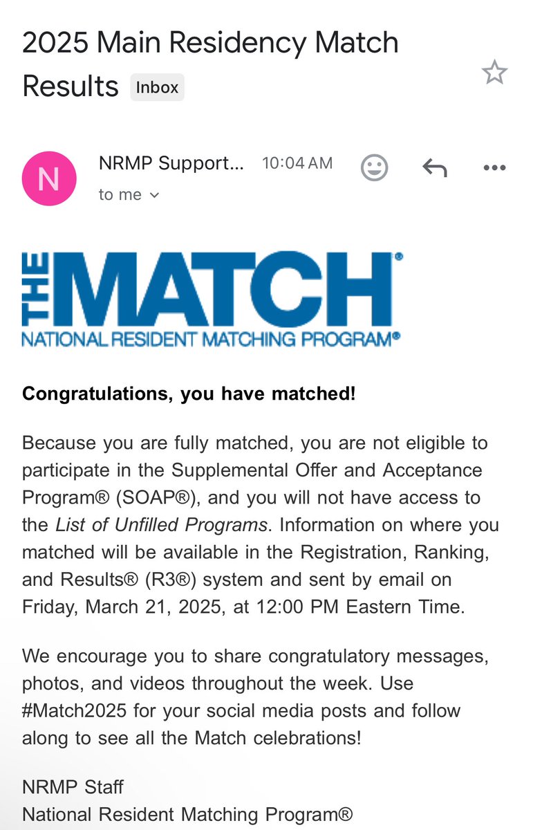 Time for a new pinned post: I MATCHED!
Huge thanks to my amazing mentors and everyone who supported me on this journey.
Congrats to all who matched, and best of luck to those going through SOAP!
#Futureradres #Match2025