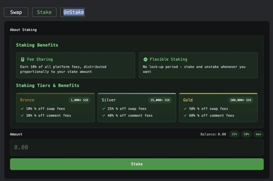 luhgabcortez's tweet photo. Holy fuck only 25,000 $SSE staking for for a 65% discount on a swap??!? 

This is looking so fucking ready.. https://t.co/Sow6Q55GA1