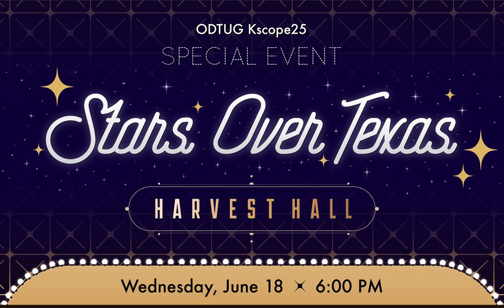 odtug's tweet image. The ODTUG Kscope Special Event is one of our favorite nights of the conference, and this year&apos;s theme is Stars Over Texas. (Think casual with a cosmic twist - however you want to interpret &quot;starry&quot;.) Have you registered yet? odtug.com/kscope25

#orclAnalytics #orclAPEX…