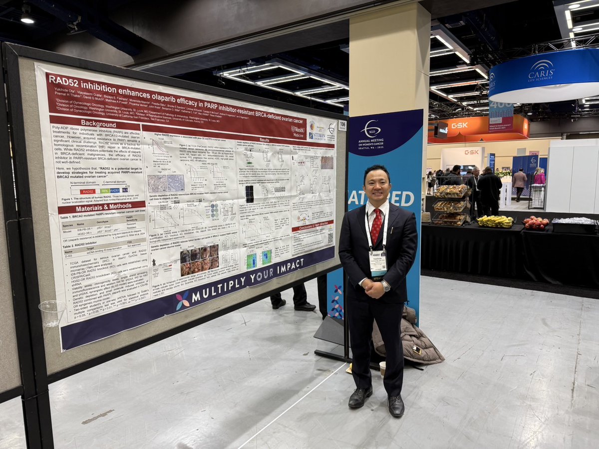 yukihideota's tweet image. I presented preclinical data on a novel strategy targeting RAD52 to overcome PARP inhibitor resistance in BRCA2-deficient tumors. I am honored to have been selected for a Featured Oral poster Presentation at SGO 2025 in beautiful city Seattle. @SGO_org #CRepHS #WashU