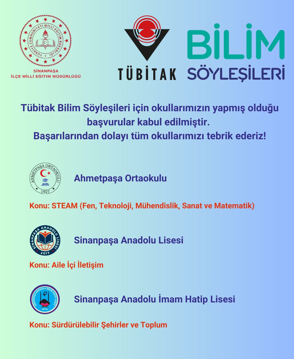 🎉 TÜBİTAK Bilim Söyleşileri’nde Sinanpaşa Rüzgârı! 🚀🔬

Okullarımızın başvuruları kabul edildi! 💡✨
📍 Ametpaşa Ortaokulu
📍 Sinanpaşa Anadolu Lisesi
📍 Sinanpaşa Anadolu İmam Hatip Lisesi
Bilimin ışığında, geleceğe emin adımlarla! 🌍📚
<a href="/afyonilmem/">Afyonkarahisar İl Milli Eğitim Müdürlüğü</a> <a href="/SinanpasaKym/">Sinanpaşa Kaymakamlığı</a> <a href="/__emrahaslan/">Emrah ASLAN</a>