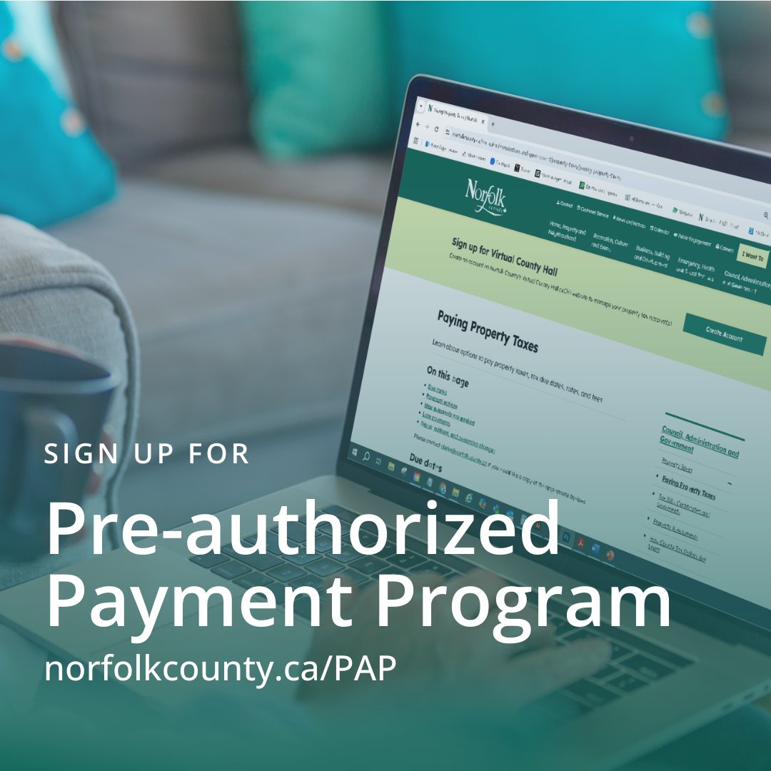 Sign up for Pre-authorized Payments
Ensure your payments are made on time, every time. Norfolk County offers a convenient pre-authorized payment program for property taxes. Set up automatic payments on a schedule that suits you best.

👉 Enroll now at norfolkcounty.ca/council-admini…