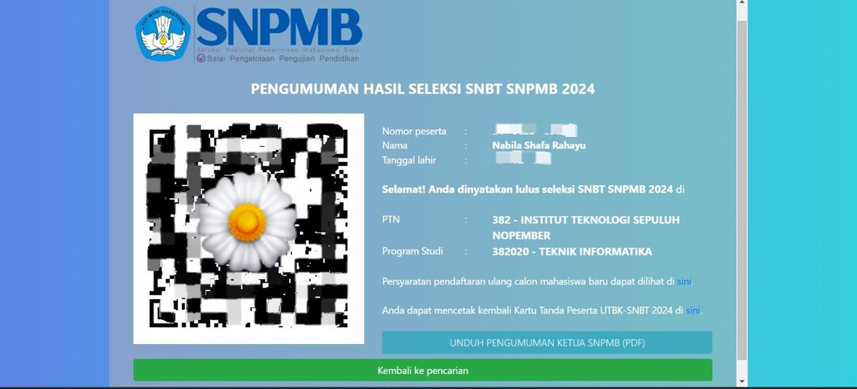 Adikk adikk, cuma sebagai pengingatt buat pengumuman nanti. Gagal di SNBP bukan akhir dari segalanya. Masih ada kesempatan di SNBT dan jalur lainnya. QR code juga cantik kokkk sama sama berlatar belakang biruuu 💙

Semoga kalian semua dapat hasil yang diimpikan yaa 💙