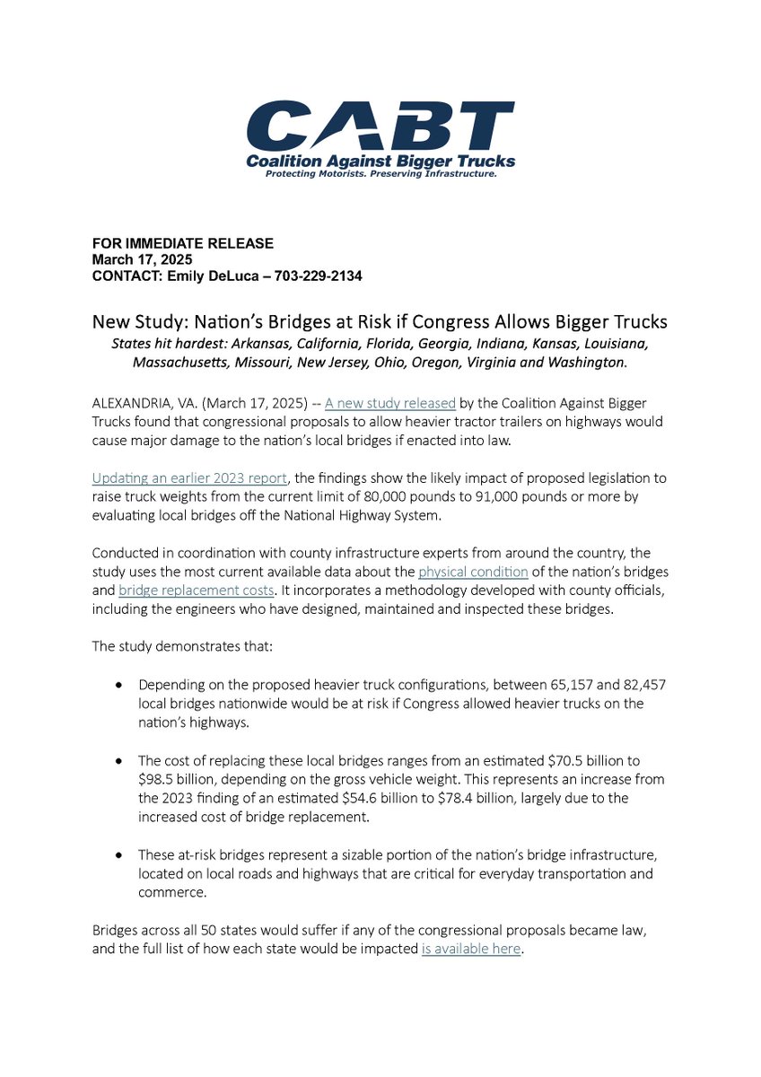NoBiggerTrucks's tweet image. CABT’s updated study finds that allowing heavier semi-trucks on highways could cost taxpayers up to $98.5 billion in local bridge replacement costs. Read more:
tinyurl.com/8exvfc9u