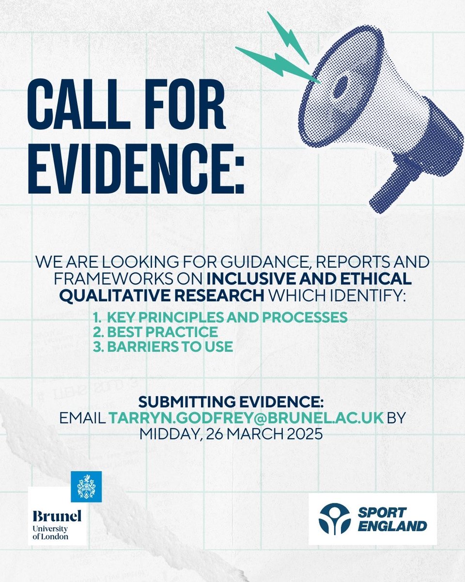 Dr Tarryn Godfrey (@tarryn_sport) on Twitter photo We are working with <a href="/Sport_England/">Sport England</a> to bring together evidence on best practice in inclusive and ethical qualitative research. Please submit relevant grey literature and share with your networks ⬇️ 🗣️ We are working with <a href="/Sport_England/">Sport England</a> to bring together evidence on best practice in inclusive and ethical qualitative research. Please submit relevant grey literature and share with your networks ⬇️ 🗣️