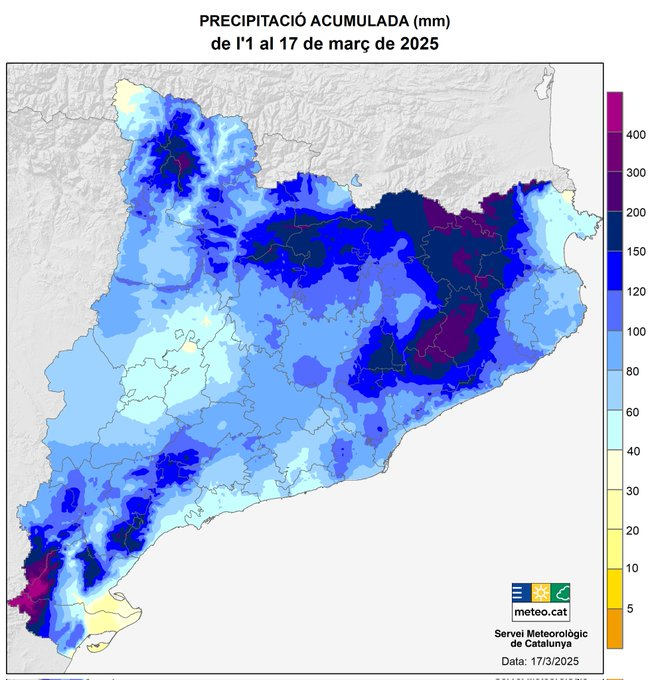Aquest mapa de pluja acumulada des de l'1 de març és meravellós. Fins a 200 o 300 l/m² a la Serralada Transversal, l'Alta Garrotxa... i +400 als Ports. I el millor de tot és que som a les portes d'un nou episodi que deixarà força pluja en aquests sectors. Simplement fantàstic.