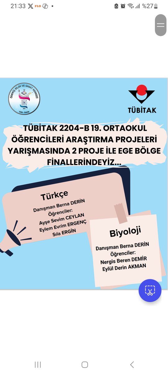 Ege bölge finallerinde 2 araştırma projesiyle bizde varız. Emeği geçen öğretmen ve öğrencilerimizi tebrik eder başarılarının devamını dileriz.
@BilsemMeb <a href="/izmir_ilmem/">İzmir İl Milli Eğitim Müdürlüğü</a> <a href="/Odemis35_Ilce/">Ödemiş İlçe MEM</a>