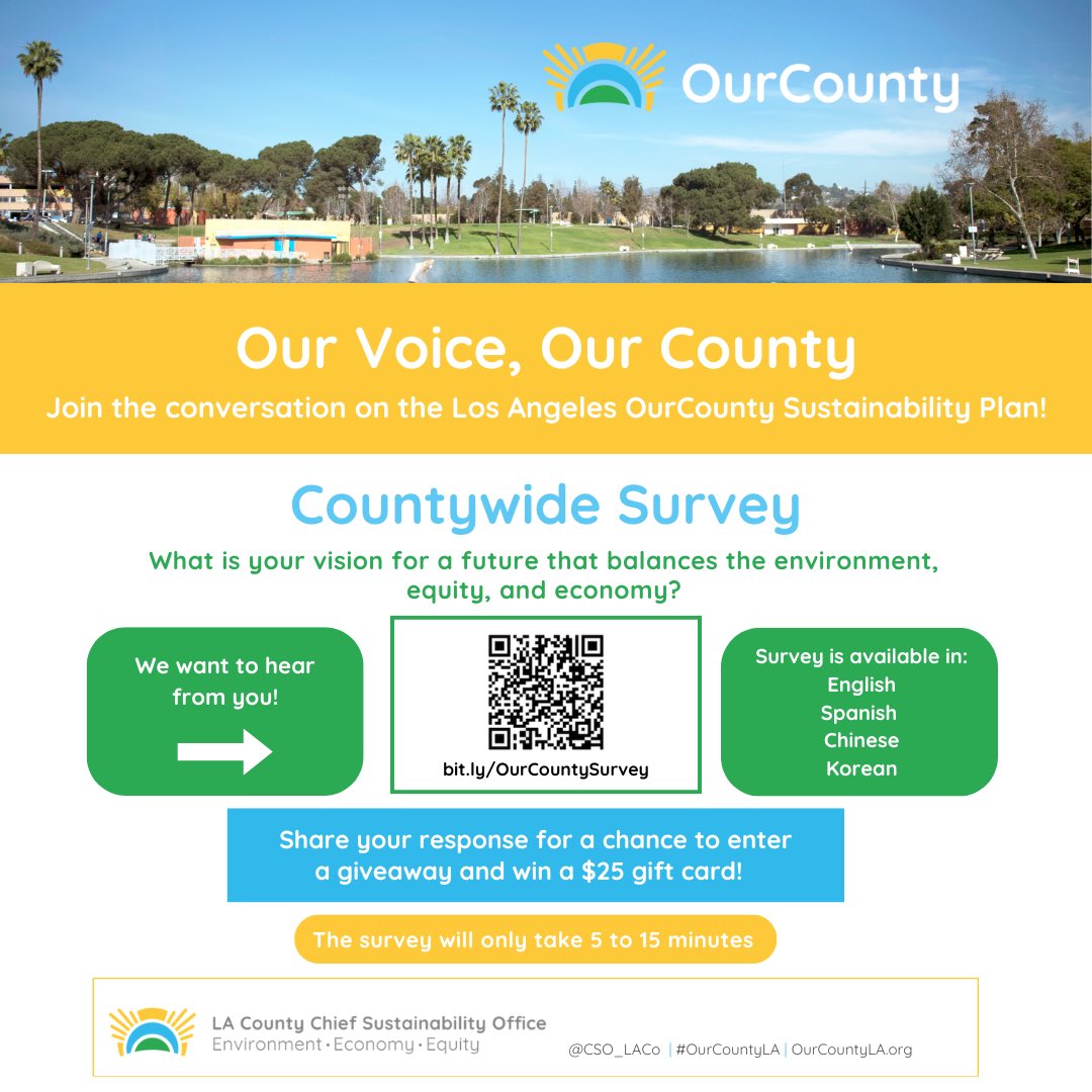 🌍✨ What is your vision for a future that balances the environment, equity, and economy? Share your thoughts on the OurCounty Sustainability Plan Update for a chance to enter a giveaway and win a $25 gift card! Take the 5-15 minute survey: bit.ly/OurCountySurvey #OurCountyLA