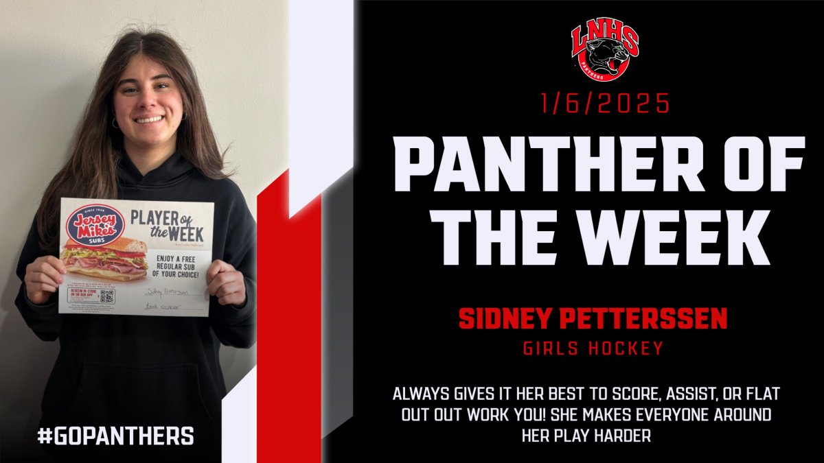 Lakeville North High School (@lnhs_panthers) on Twitter photo Catching up on celebrating our <a href="/jerseymikes/">Jersey Mike's Subs</a> Panthers of the Week! Congrats to Sidney Petterssen from the girls hockey team who always give it her best and makes everyone around her play as hard as they can. Great job Sidney! #astudentabove Catching up on celebrating our <a href="/jerseymikes/">Jersey Mike's Subs</a> Panthers of the Week! Congrats to Sidney Petterssen from the girls hockey team who always give it her best and makes everyone around her play as hard as they can. Great job Sidney! #astudentabove