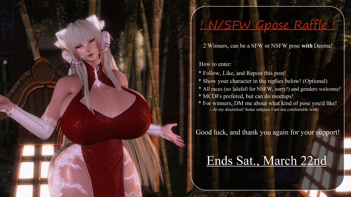Y'know, for reaching 2k, imma do a raffle

2 winners. Can be a NSFW or a SFW pose with Deema.
Comment your character below and follow, like, and repost to enter!

Raffle will end this Saturday, March 22nd! 

Thank you all for your support~! ❤️