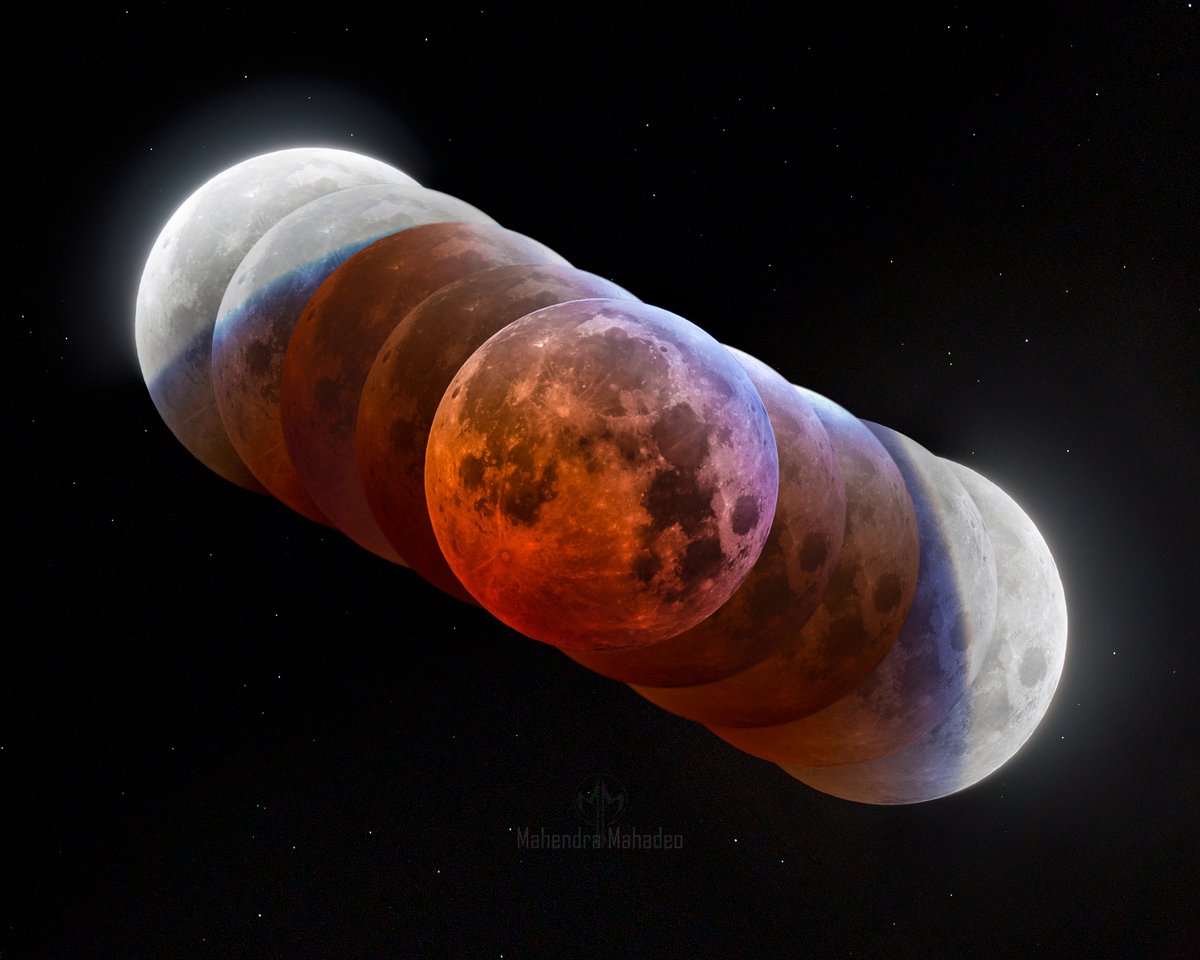 🌕Total Lunar Eclipse of 14 March 2025🔴
Tele Vue-NP127is Nagler-Petzval APO refractor + Canon 6D DSLR by Mahendra Mahadeo in New York. Mosaic made using images at ISO 100 or 200, varying from 0.1 - 10 seconds.

Called the "blood Moon" due to red shadow of the Earth on the Moon.