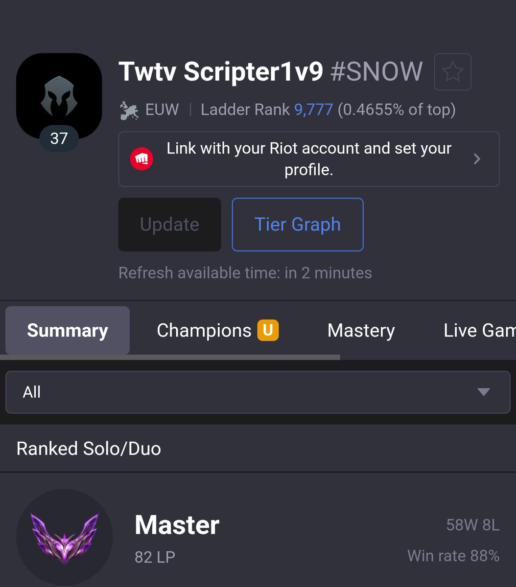 Scripter1v9's tweet image. Still live 24+ hrs closing in on 100 LP 90% WR come say hi
twitch,tv/scripter1v9